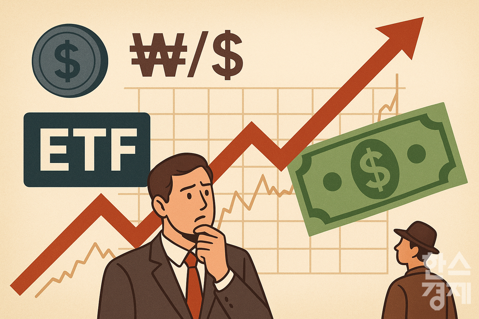 원·달러 환율이 지속 상승하며 미국 투자 상장지수펀드(ETF) 시장에서 환노출형과 환헤지형 간 수익률 격차가 벌어지고 있다. /사진=챗지피티