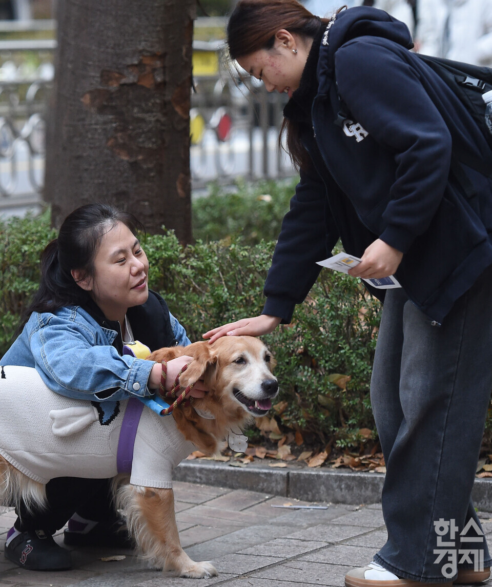 2026학년도 대학수학능력시험이 실시된 13일 오전 서울 송파구 영동일 고등학교에 마련된 시험장 앞에서 수험생이 가족과 반려견의 응원을 받고 있다. / 이호형 기자 leemario@sporbiz.co.kr 2025.11.13