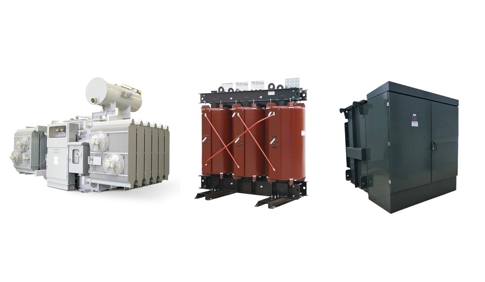 (왼쪽부터) LS일렉트릭 북미 데이터센터 수출용 배전유입변압기, 배전몰드변압기, 배전패드변압기./ LS일렉트릭 제공