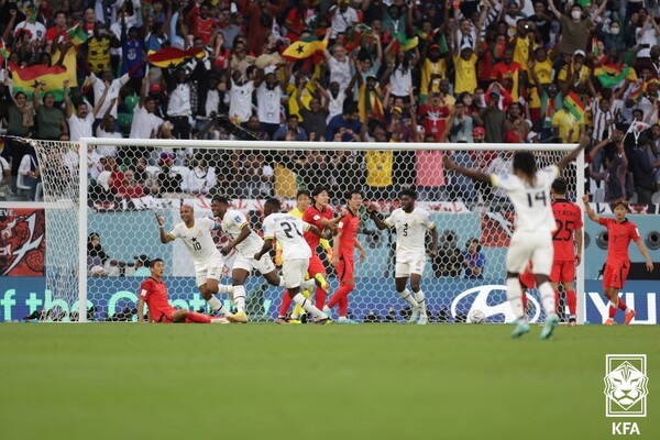  2022 국제축구연맹(FIFA) 카타르 월드컵 조별리그에서 조규성의 멀티골에도 2-3으로 가나에 패했던 한국. /KFA 제공