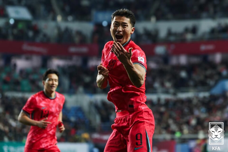 지난해 3월 26일 태국전(3-0 승) 이후 1년 8개월 만에 A매치 복귀전을 치르고 득점까지 터뜨린 조규성. /KFA 제공