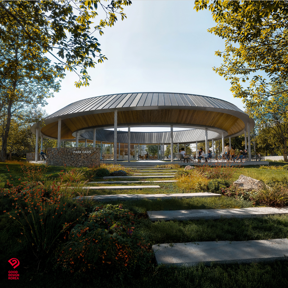 HDC현대산업개발이 선보여 올해 말 입주를 앞둔 잠실 래미안 아이파크 단지 내 파크오아시스(티하우스_HDC현대산업개발xSTAY Architects)가 2025 굿디자인어워드 코리아에서 은상(산업통상자원부 장관상)을 수상했다./HDC현대산업개발