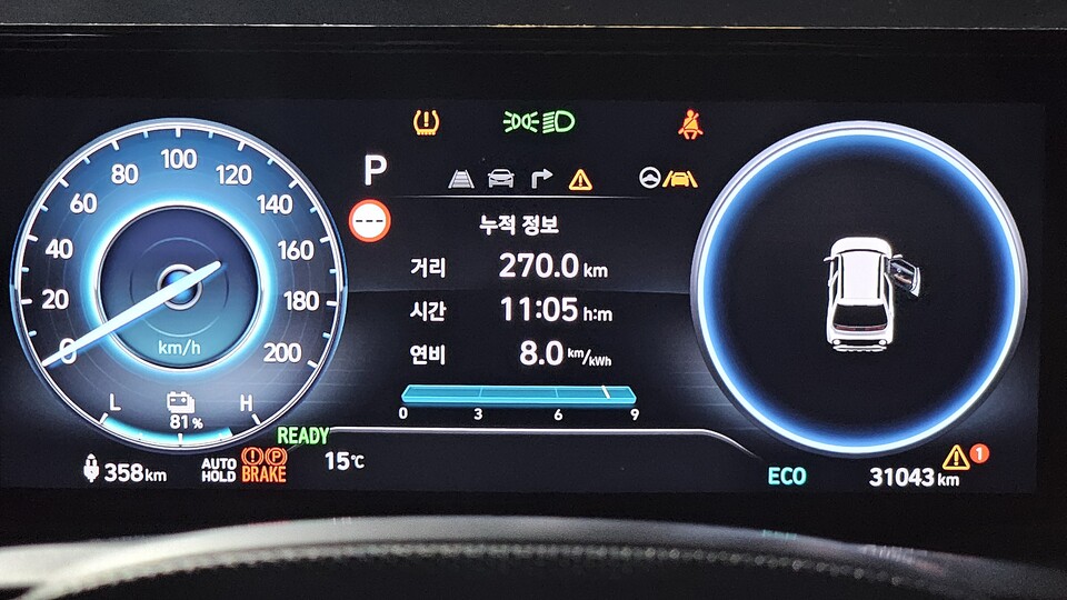 실제 270km를 주행한 결과 계기판에 입력된 전비는 8km/kWh로 기록됐다./곽호준 기자